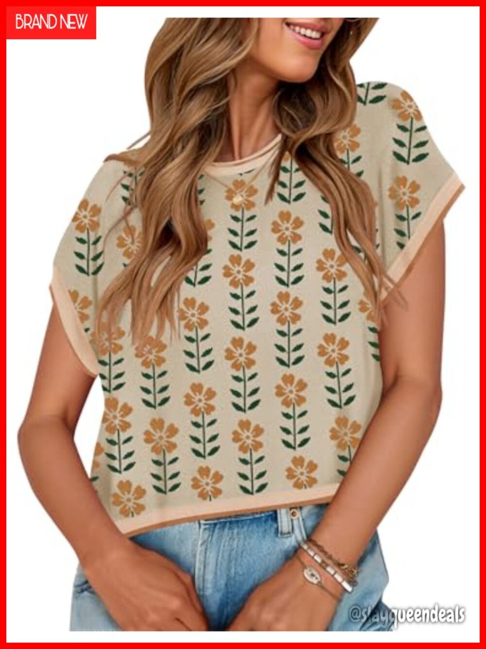 Women's Floral Print Cap Sleeve Knit Sweater Vest Crew Neck Summer Top
